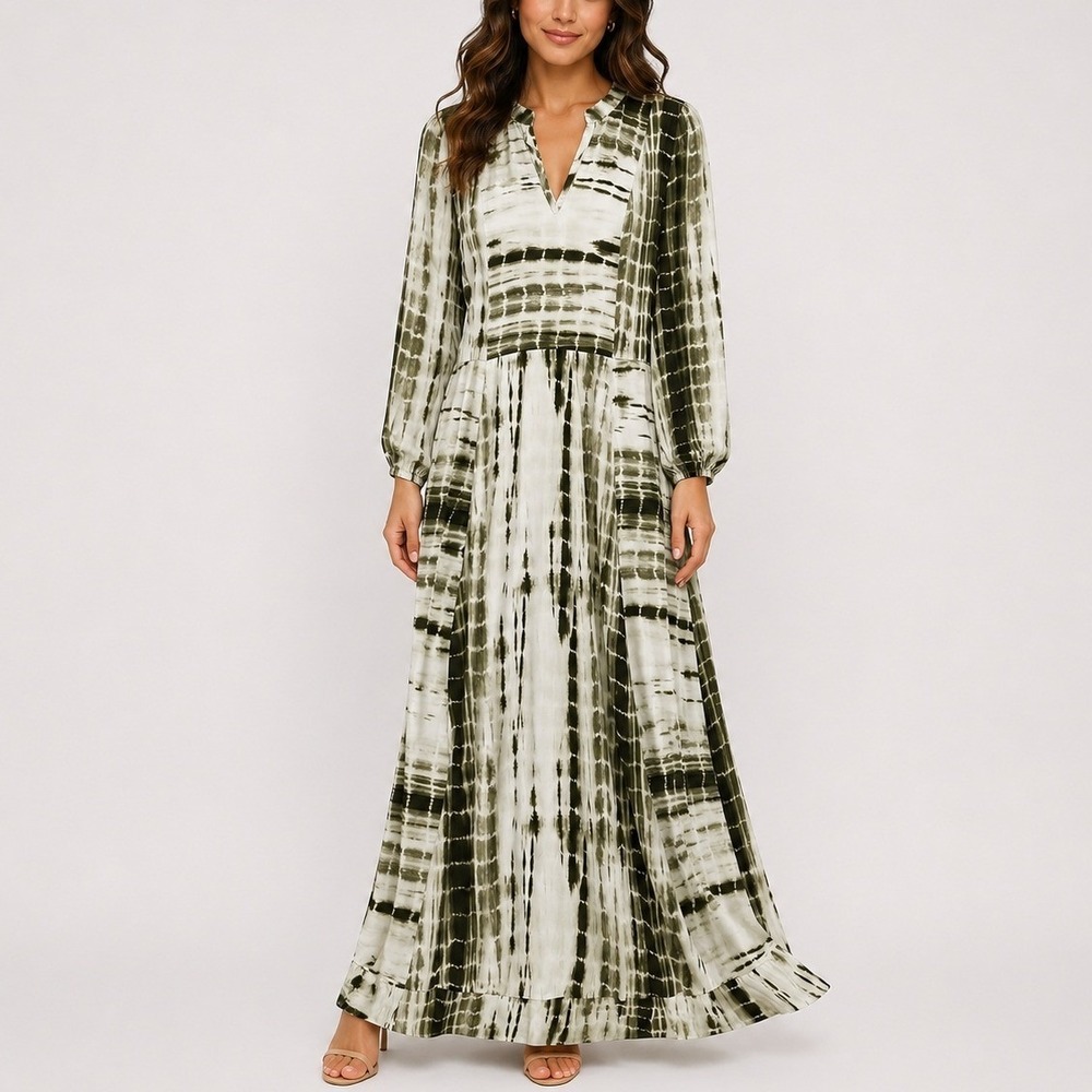 Soft Surroundings Melody Dress LP Green Tie Dye Maxi‎ Long Sleeve Boho Coastal